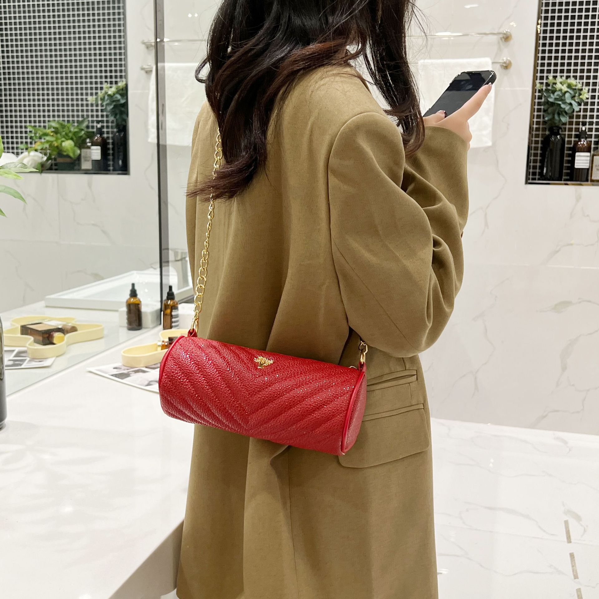 Women's Small Cylinder Shoulder Bag 2023 New Minimalist Embroidered Bucket Bag - Image 2