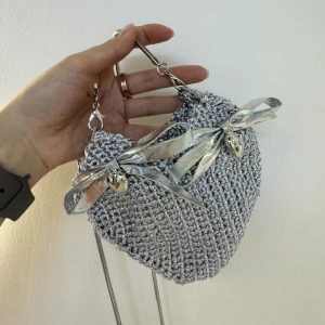 Korean Summer Handmade Crochet Silver Heart Mini Bag