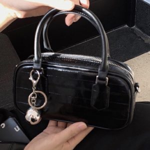 MBH Top Grain Leather Bowling Handbag Crossbody Bag with Strap and Charm