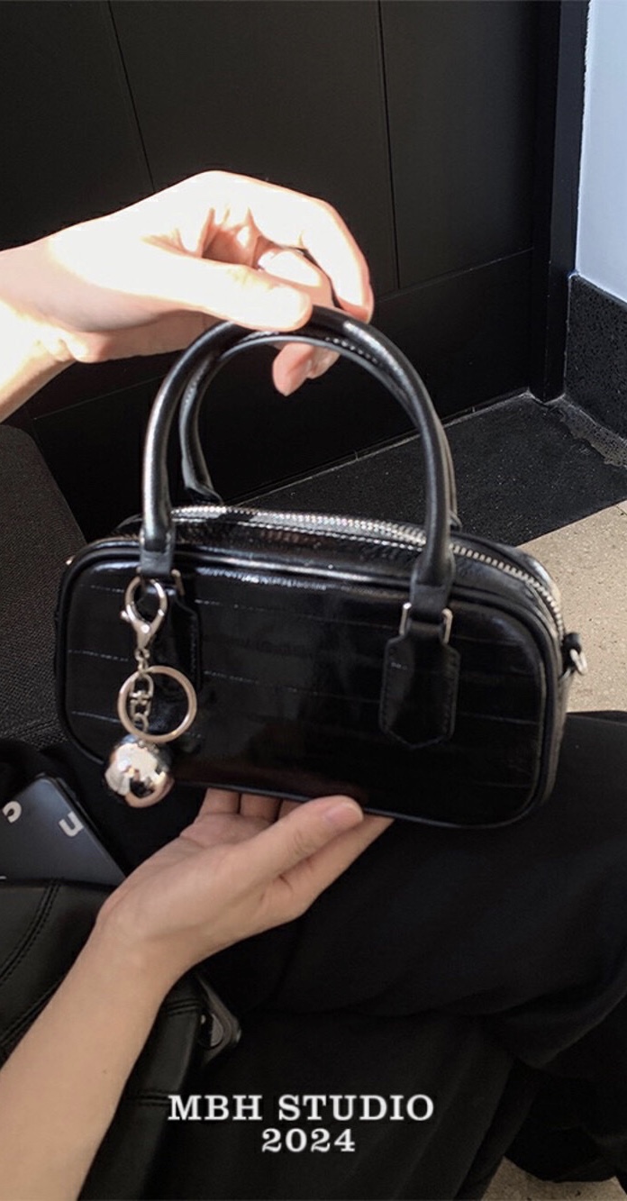 MBH Top Grain Leather Bowling Handbag Crossbody Bag with Strap and Charm
