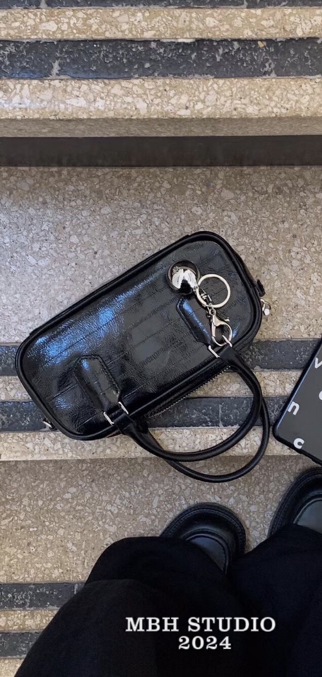 MBH Top Grain Leather Bowling Handbag Crossbody Bag with Strap and Charm - Image 2