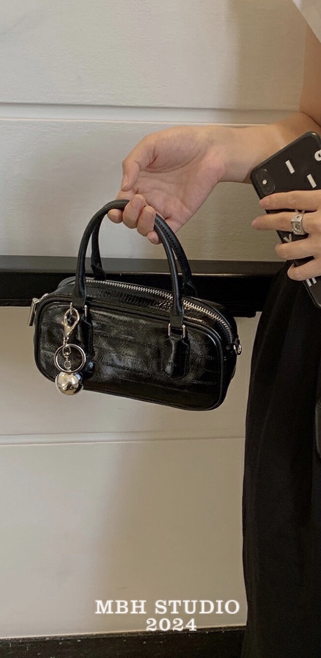 MBH Top Grain Leather Bowling Handbag Crossbody Bag with Strap and Charm - Image 4