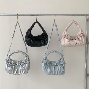 Korean French Niche Ruched Cloud Bag Bow Handbag Soft PU Crossbody Shoulder Bag
