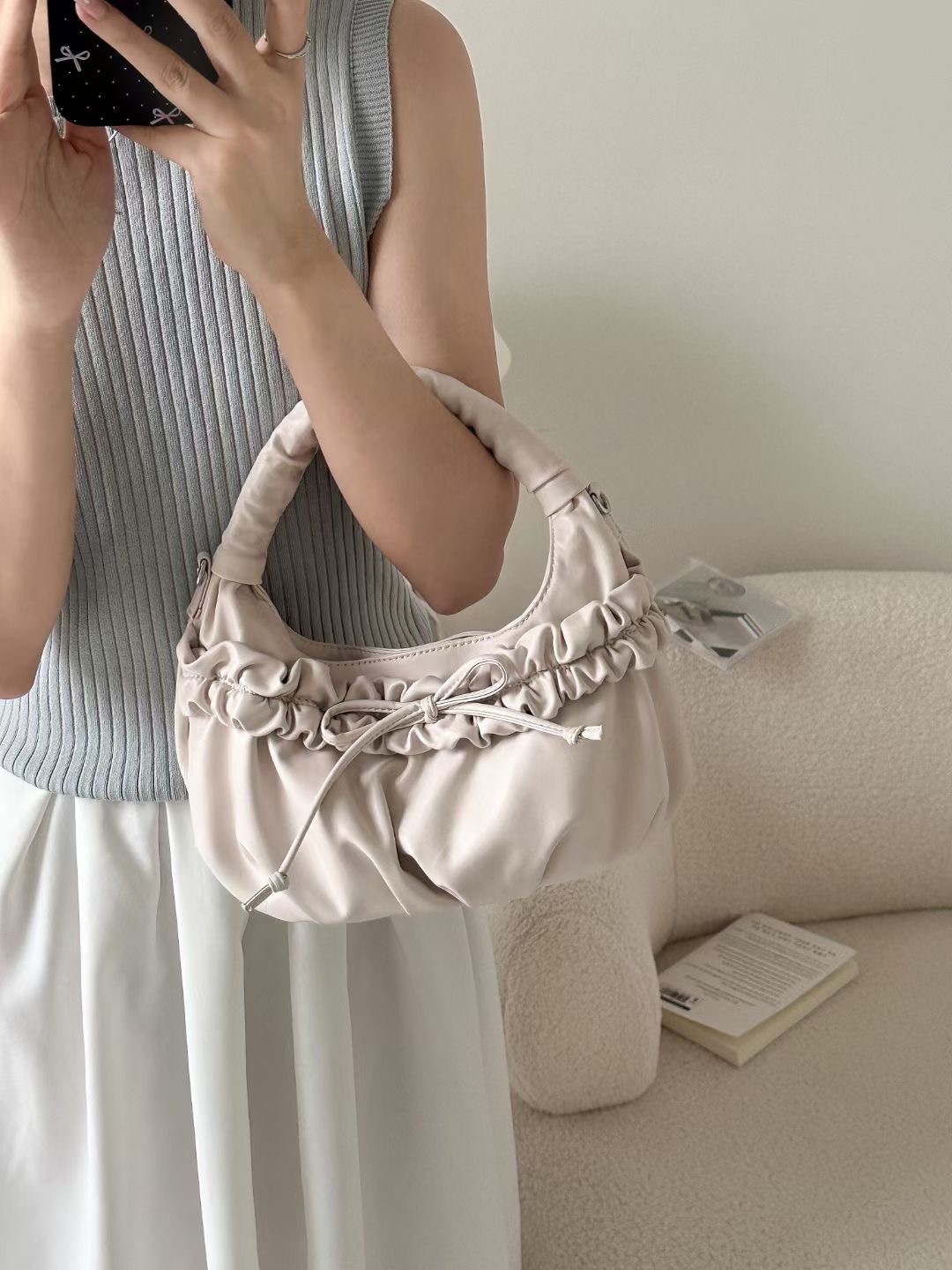 Korean French Niche Ruched Cloud Bag Bow Handbag Soft PU Crossbody Shoulder Bag - Image 3