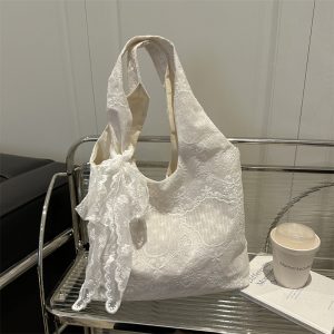 Korean Style Lace Flower Canvas Tote Bag Women's New Large Capacity Commuter Lazy Style One Shoulder Tote Bag Trendy