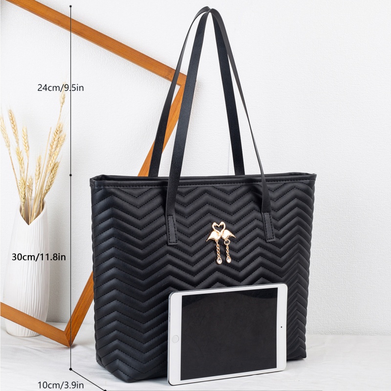 2025 New Wave Embroidery Tote Bag Large Capacity Solid Color Zipper Women Shoulder Bag - Image 3