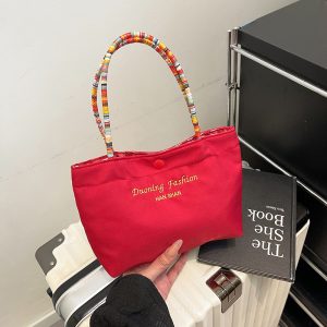 Fashionable Double-Sided Plaid Canvas Tote Bag for Women Commute Small Handbag Street Trendy Retro Casual Color Block