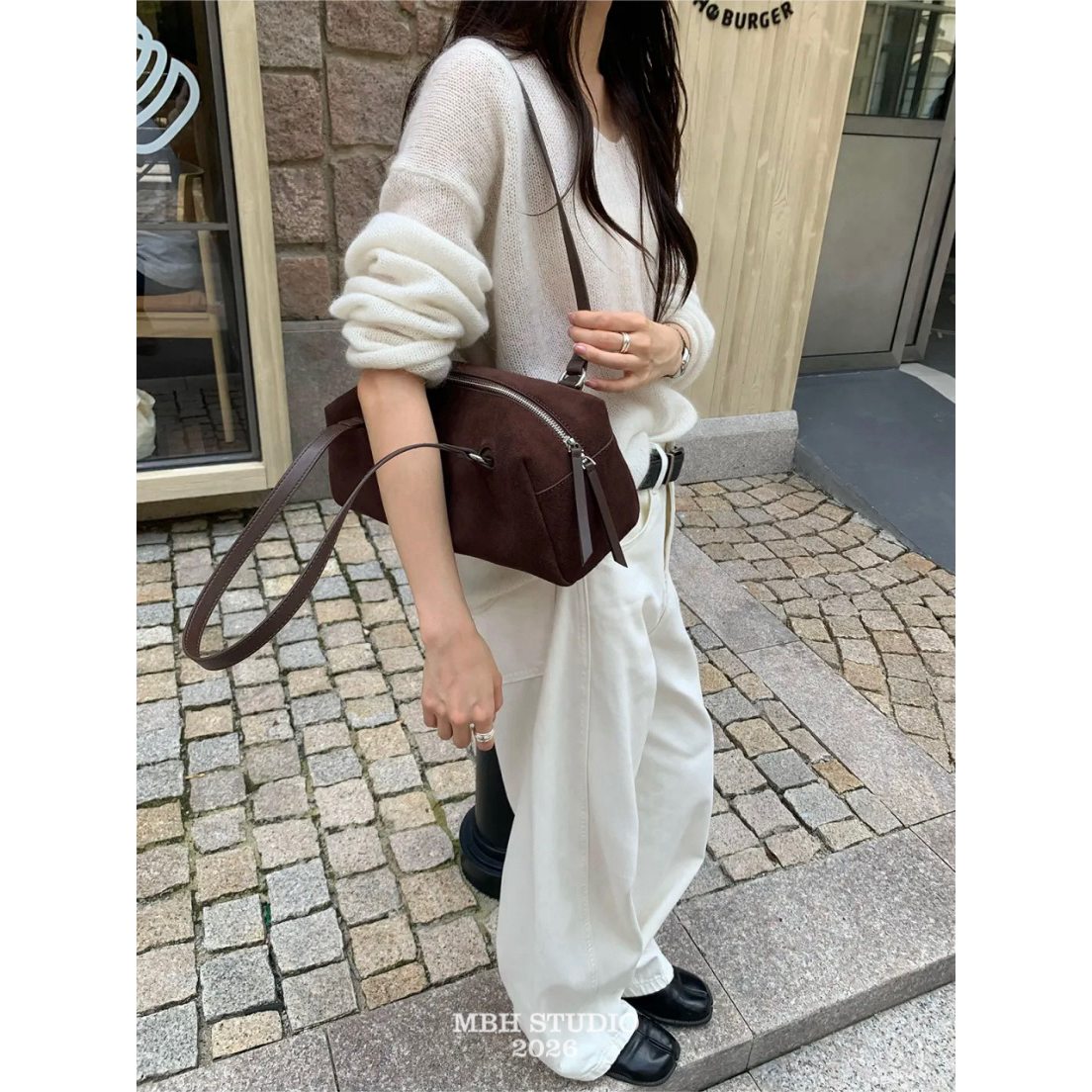 MBH Genuine Leather Suede Retro Baguette Shoulder Bag Fall Winter New - Image 5